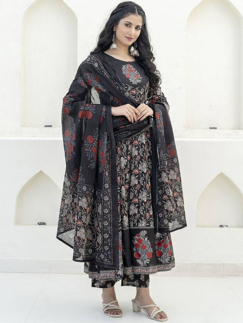 women floral printed empire  cotton kurta with trousers & with dupatta