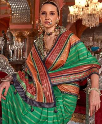 Green ethnic motifs zari banarasi saree 2