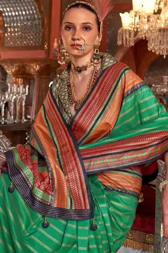 Green ethnic motifs zari banarasi saree