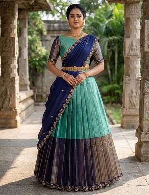 South Indian Style Semi-Stitched Half Saree with Blouse and Dupatta 1