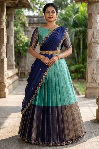 South Indian Style Semi-Stitched Half Saree with Blouse and Dupatta