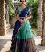 South Indian Style Semi-Stitched Half Saree with Blouse and Dupatta