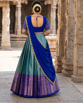 South Indian Style Semi-Stitched Half Saree with Blouse and Dupatta 2