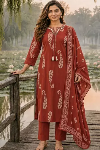 women paisley printed regular thread work  cotton kurta with trousers & with dupatta