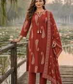 women paisley printed regular thread work  cotton kurta with trousers & with dupatta