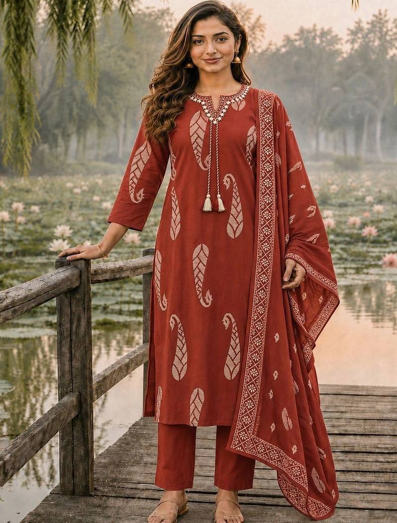 women paisley printed regular thread work  cotton kurta with trousers & with dupatta