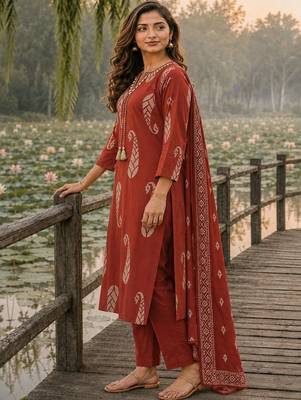 women paisley printed regular thread work  cotton kurta with trousers & with dupatta 2