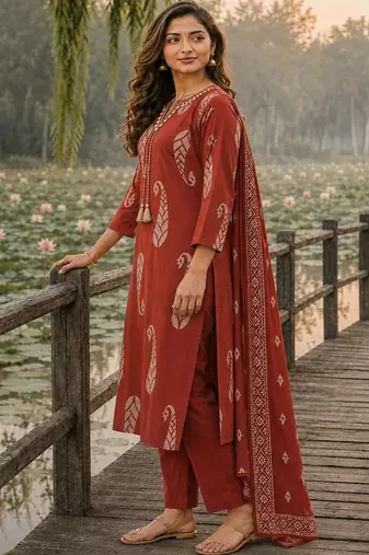 women paisley printed regular thread work  cotton kurta with trousers & with dupatta