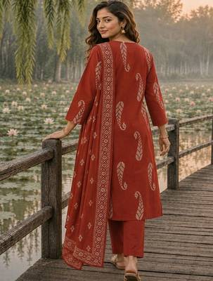 women paisley printed regular thread work  cotton kurta with trousers & with dupatta 3
