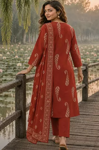 women paisley printed regular thread work  cotton kurta with trousers & with dupatta