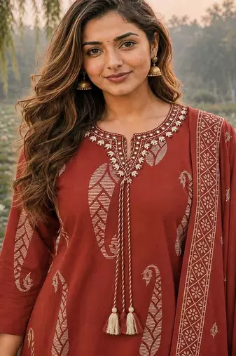 women paisley printed regular thread work  cotton kurta with trousers & with dupatta