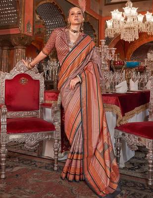 Brown ethnic motifs printed zari banarasi saree 1