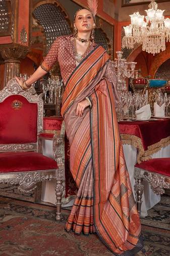 Brown ethnic motifs printed zari banarasi saree