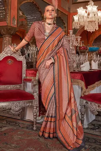 Brown ethnic motifs printed zari banarasi saree