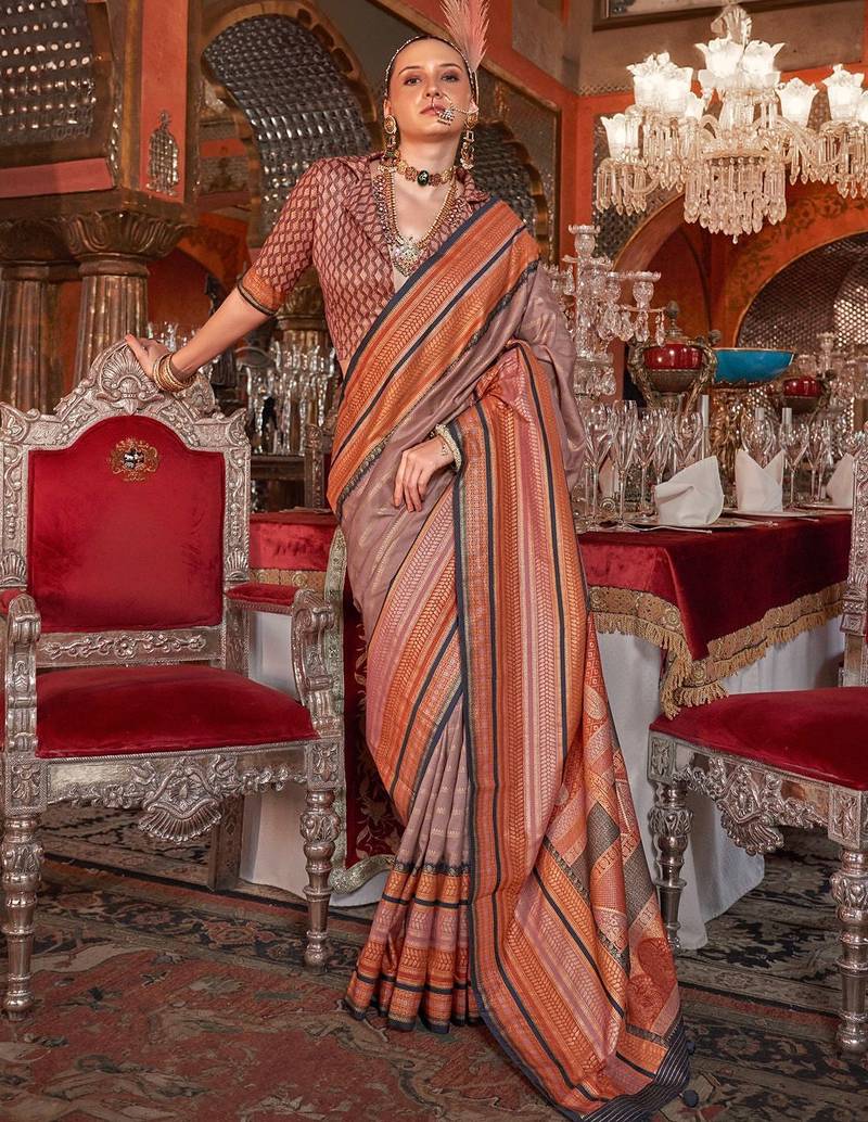 Brown ethnic motifs printed zari banarasi saree