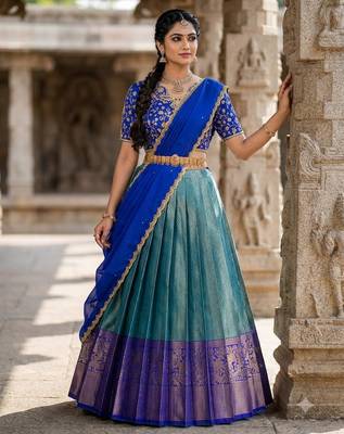 South Indian Style Semi-Stitched Half Saree with Blouse and Dupatta 3