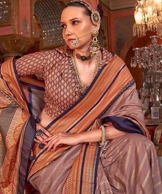 Brown ethnic motifs printed zari banarasi saree 2