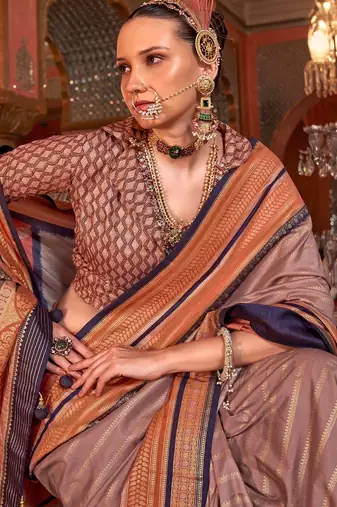 Brown ethnic motifs printed zari banarasi saree