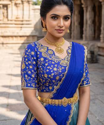 South Indian Style Semi-Stitched Half Saree with Blouse and Dupatta 4