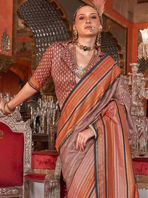 Brown ethnic motifs printed zari banarasi saree 3
