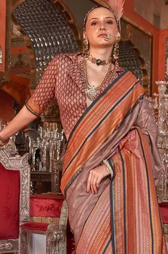 Brown ethnic motifs printed zari banarasi saree