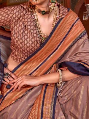 Brown ethnic motifs printed zari banarasi saree 4