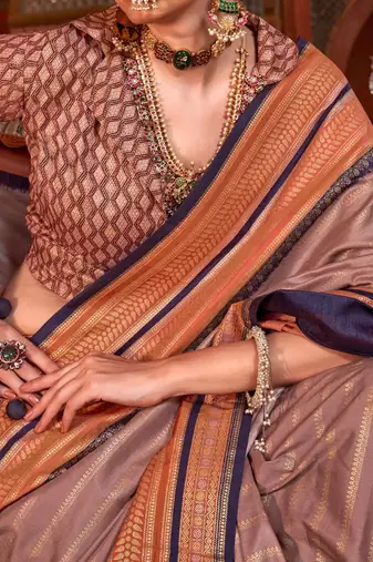 Brown ethnic motifs printed zari banarasi saree