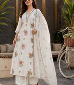 women floral embroidered regular thread work chanderi cotton kurta with trousers & with dupatta