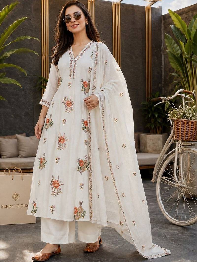 women floral embroidered regular thread work chanderi cotton kurta with trousers & with dupatta