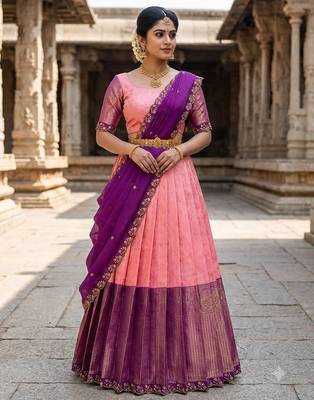 South Indian Style Semi-Stitched Half Saree with Blouse and Dupatta 1