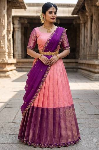 South Indian Style Semi-Stitched Half Saree with Blouse and Dupatta