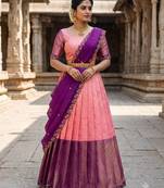 South Indian Style Semi-Stitched Half Saree with Blouse and Dupatta