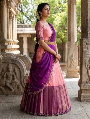 South Indian Style Semi-Stitched Half Saree with Blouse and Dupatta 2