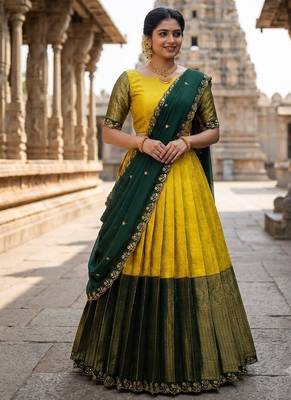 South Indian Style Semi-Stitched Half Saree with Blouse and Dupatta 1