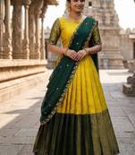 South Indian Style Semi-Stitched Half Saree with Blouse and Dupatta