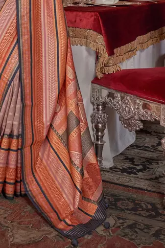 Brown ethnic motifs printed zari banarasi saree