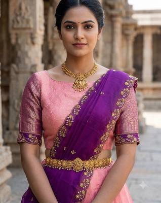 South Indian Style Semi-Stitched Half Saree with Blouse and Dupatta 3