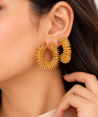 Anti-tarnish stud back closure, spiky wire design, statement hoops, women's jewellery. 1