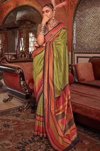 Olive ethnic motifs zari banarasi saree