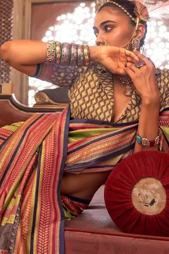 Olive ethnic motifs zari banarasi saree