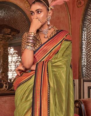 Olive ethnic motifs zari banarasi saree 3