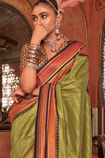 Olive ethnic motifs zari banarasi saree