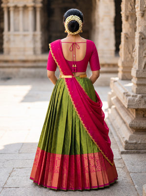 South Indian Style Semi-Stitched Half Saree with Blouse and Dupatta 2
