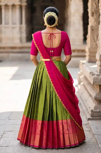 South Indian Style Semi-Stitched Half Saree with Blouse and Dupatta