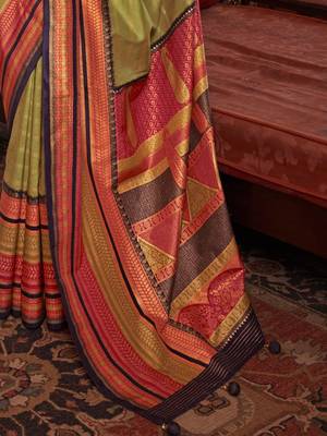 Olive ethnic motifs zari banarasi saree 5