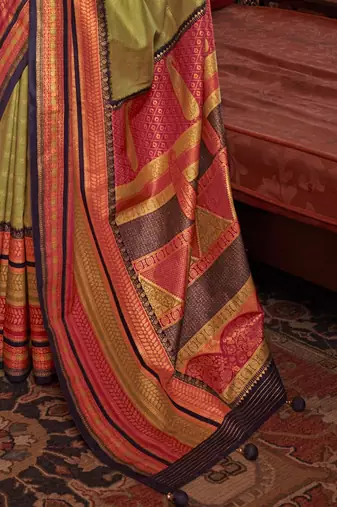 Olive ethnic motifs zari banarasi saree