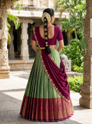 South Indian Style Semi-Stitched Half Saree with Blouse and Dupatta 2