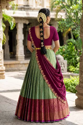 South Indian Style Semi-Stitched Half Saree with Blouse and Dupatta