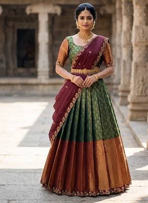 South Indian Style Semi-Stitched Half Saree with Blouse and Dupatta 1