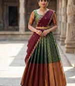 South Indian Style Semi-Stitched Half Saree with Blouse and Dupatta